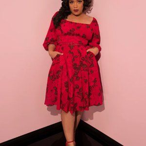 Vixen by Micheline Pitt Vacation Dress in Vintage Red Rose Print Size XS